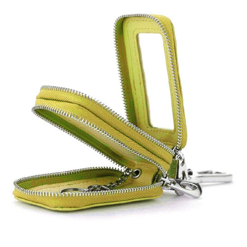 BAKUN Two-Sides Mini Genuine Leather Car Key Chain Holder Wallet Case, Key Holder Key Organizer Wallet(Yellow) - Image 1